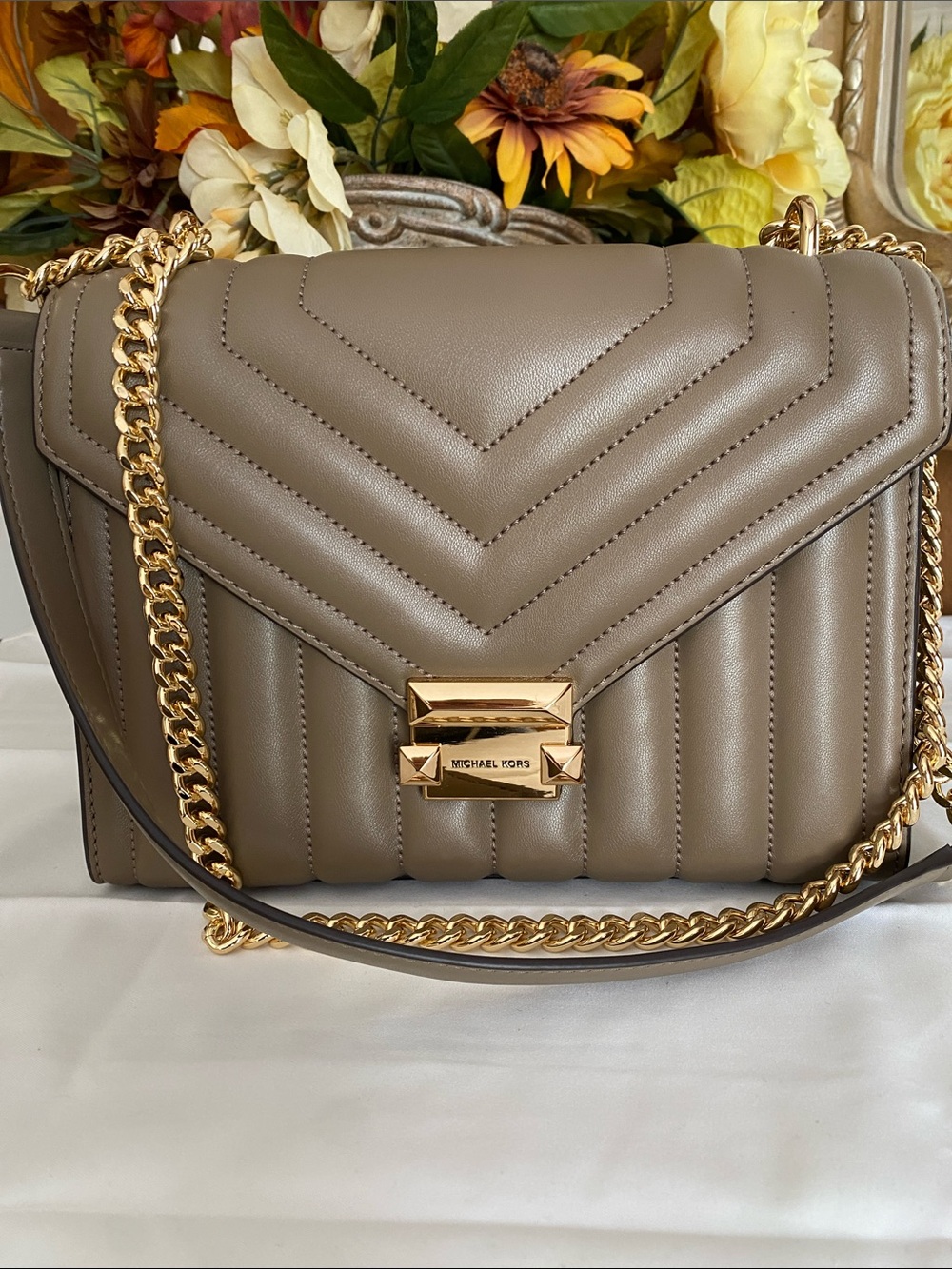 Michael Kors Taupe Quilted Chevron Crossbody with Gold Hardware, EUC